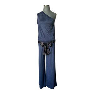 Women’s One Sleeve Velvet Jumpsuit Dark Blue Black Satin Rope Romper Size S